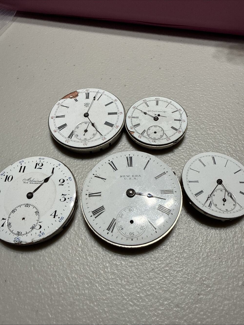 5 Vintage Enamel Pocket Watch Dials & Movements Lot